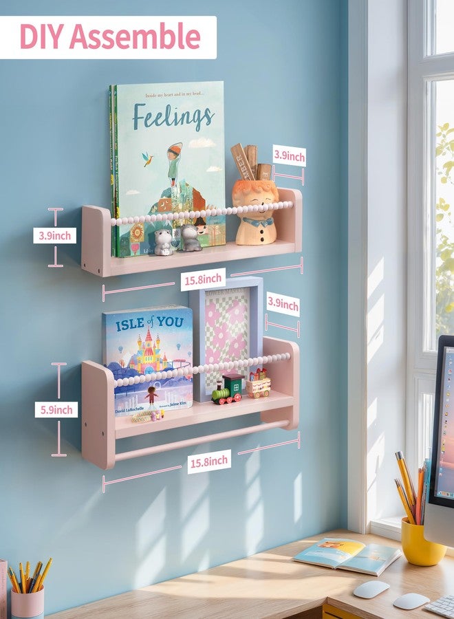 Maxpeuvon Nursery Book Shelves, Set of 3 Kids Bookshelves Natural Wood Wall Mount Organizer with Towel Bar Hanging Nursery Decor for Kids Room, Playroom, Bedroom and Kitchen, Pink - Image 3